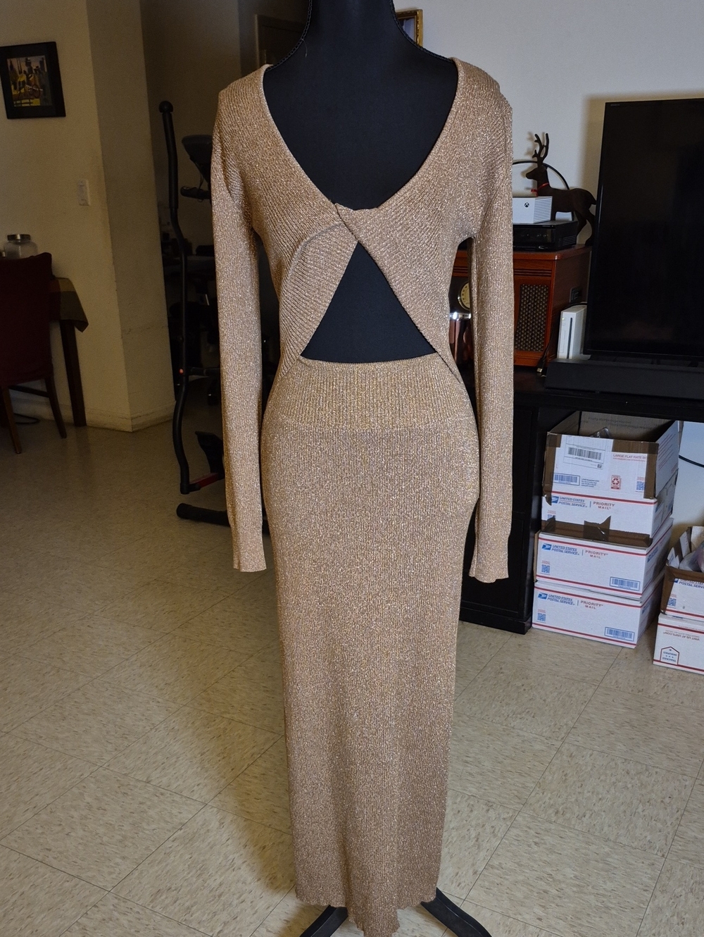 House of Harlow 1960 Metallic Taupe Long Sleeve Dress With Keyhole Front